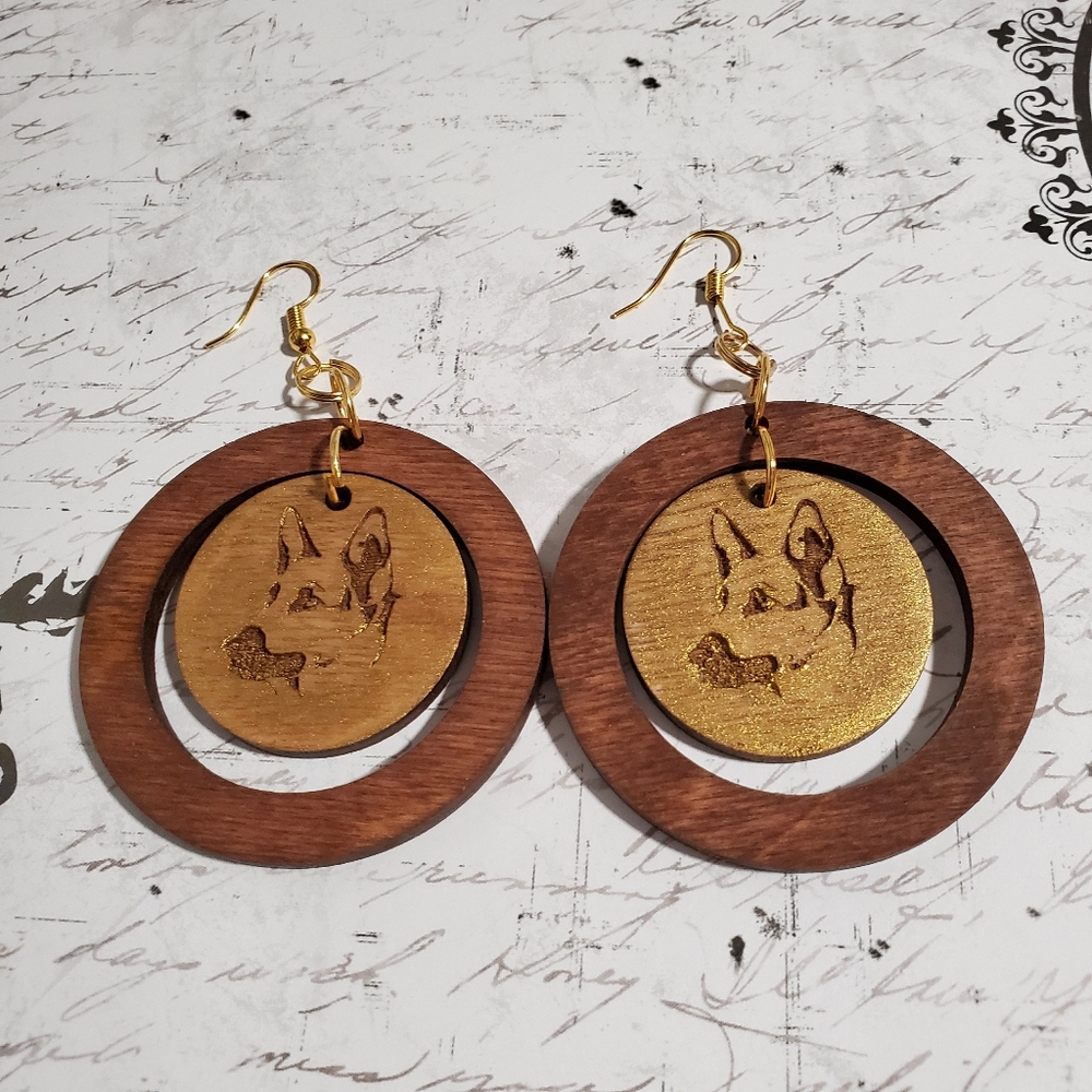 Engraved Wood Earrings German Shepard Image 2"